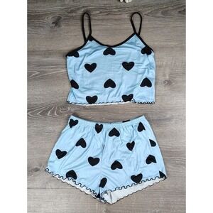 Womens Large Sky Blue Black Hearts Cropped Short 2 pc‎ Pajama Set Ruffle Hem Y2K